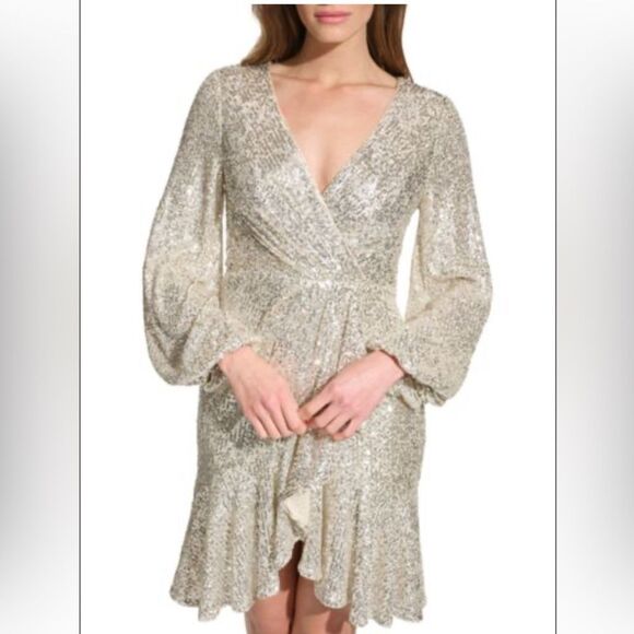 ✨ Eliza J Sequin Wrap Dress - Silver, Size 12 (NWT) - Picture 1 of 7